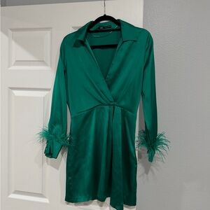 Zara Green Long Sleeve Dress with Feather Cuffs